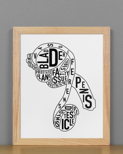 Framed Male Anatomy Typographic Mini Print, 8" x 10", B&W in Light Wood Frame
