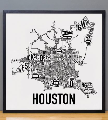 Framed Houston Neighborhood Map Poster, Classic B&W, 18" x 18" in Black Frame