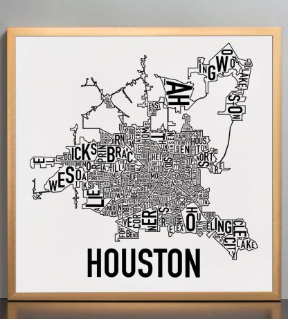 Framed Houston Neighborhood Map Poster, Classic B&W, 18" x 18" in Bronze Frame