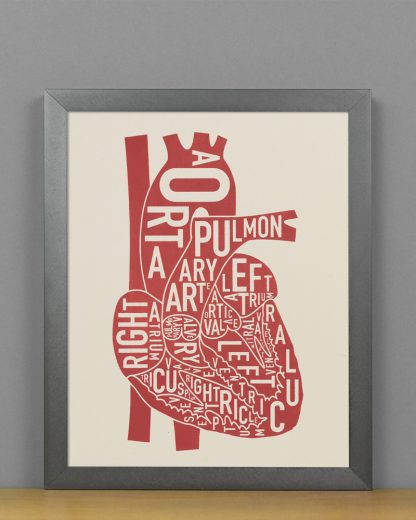 Framed Heart Anatomy Diagram, Ivory & Red Screenprint, 8" x 10" in Steel Grey Frame