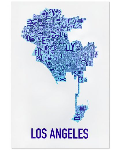 Los Angeles Neighborhood Map Poster, White & Blues, 24" x 36"