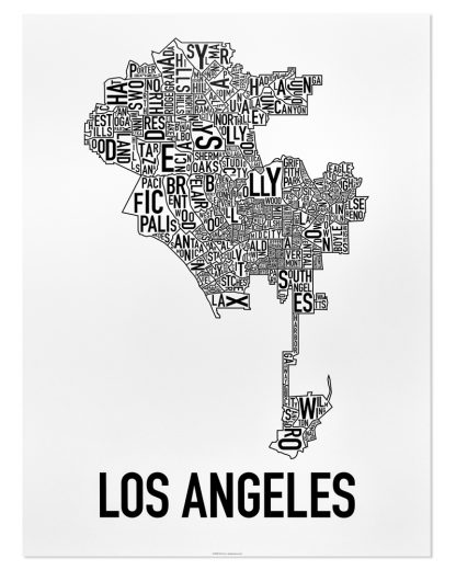Los Angeles Neighborhood Map Poster, Classic B&W, 18" x 24"
