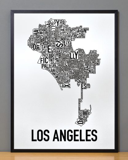 Framed Los Angeles Neighborhood Map Poster, Classic B&W, 18" x 24" in Black Frame