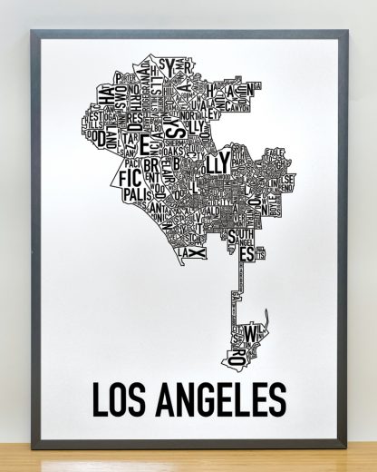 Framed Los Angeles Neighborhood Map Poster, Classic B&W, 18" x 24" in Steel Grey Frame