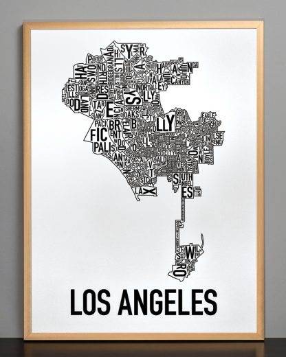 Framed Los Angeles Neighborhood Map Poster, Classic B&W, 18" x 24" in Bronze Frame