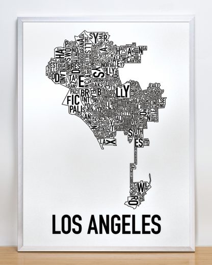 Framed Los Angeles Neighborhood Map Poster, Classic B&W, 18" x 24" in Silver Frame