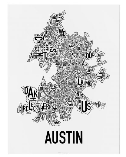 Austin Neighborhood Map Poster, 18" x 24", Classic B&W