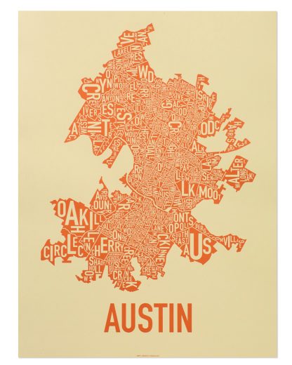 Austin Neighborhood Map Poster, 18" x 24", Tan & Orange