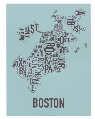Boston Neighborhood Map, Blue & Brown, 18" x 24"