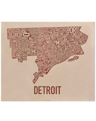 Detroit Neighborhood Map Poster, Tan & Brown, 24" x 20"