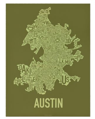 Austin Neighborhood Map Screenprint, 18" x 24", Green & Light Green