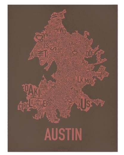 Austin Neighborhood Map Screenprint, 18" x 24", Brown & Peach