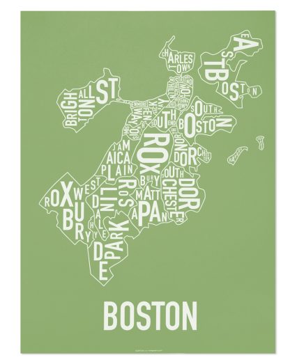 Boston Neighborhood Map, Green & White, 18" x 24"