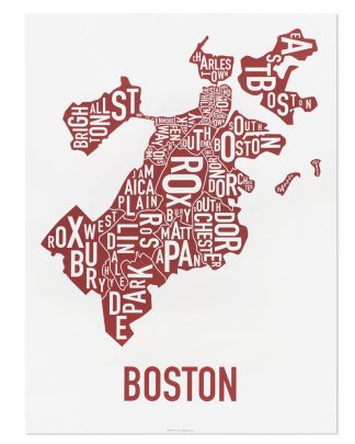Boston Neighborhoods Map, White & Red, 18" x 24"