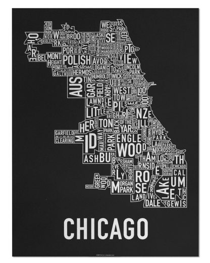Chicago Neighborhood Map Screenprint, Black & White, 18" x 24"