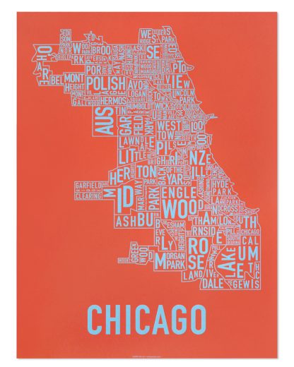 Chicago Neighborhood Map Screenprint, Orange & Blue, 18" x 24"