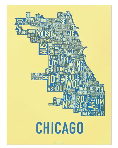 Chicago Neighborhood Map Screenprint, Yellow & Blue, 18" x 24"