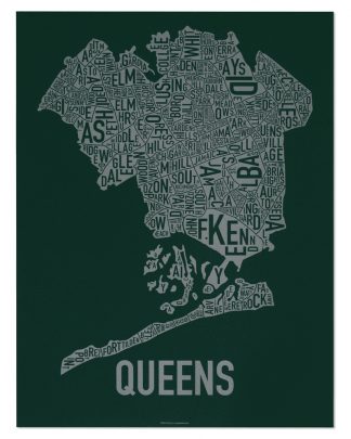 Queens Neighborhood Map, Green & Grey Screenprint, 18" x 24"