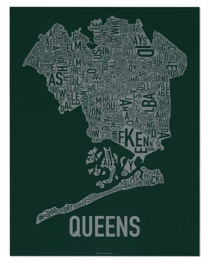 Queens Neighborhood Map, Green & Grey Screenprint, 18" x 24"