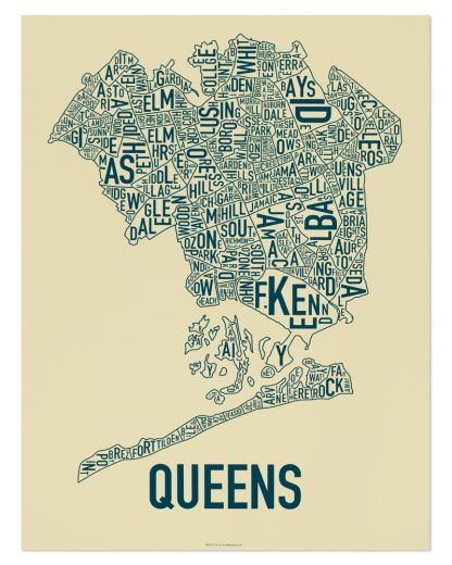 Queens Neighborhood Map, Tan & Navy Screenprint, 18" x 24"