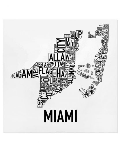 Miami Neighborhood Map Artwork, Black and white 18" x 18" poster