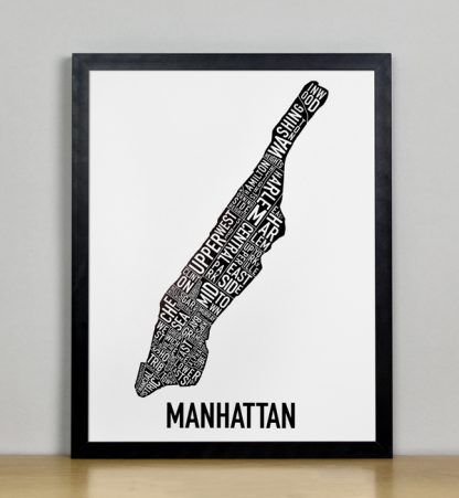 Framed Manhattan Typographic Neighborhood Map Poster, B&W, 11" x 14" in Black Frame