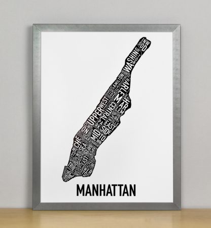 Framed Manhattan Typographic Neighborhood Map Poster, B&W, 11" x 14" in Steel Grey Frame