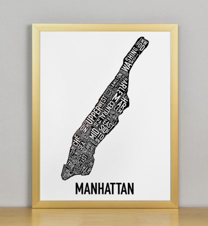 Framed Manhattan Typographic Neighborhood Map Poster, B&W, 11" x 14" in Bronze Frame
