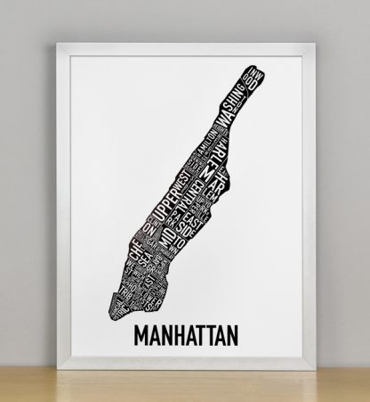 Framed Manhattan Typographic Neighborhood Map Poster, B&W, 11" x 14" in Silver Frame