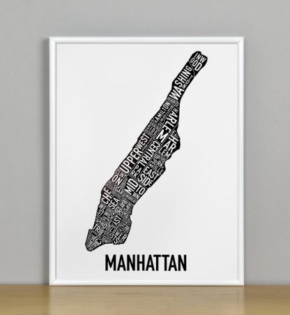 Framed Manhattan Typographic Neighborhood Map Poster, B&W, 11" x 14" in White Metal Frame