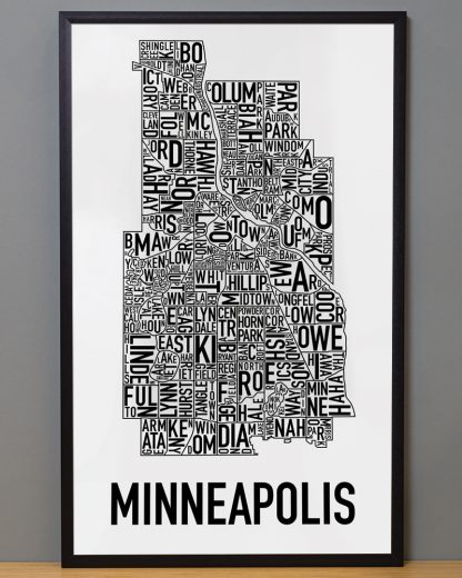 Framed Minneapolis Neighborhood Map Poster, Classic B&W, 16" x 26" in Black Frame