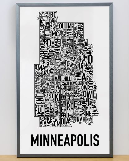 Framed Minneapolis Neighborhood Map Poster, Classic B&W, 16" x 26" in Steel Grey Frame