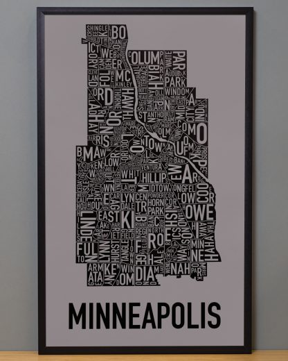 Framed Minneapolis Neighborhood Map Screenprint, Grey & Black, 16" x 26" in Black Frame