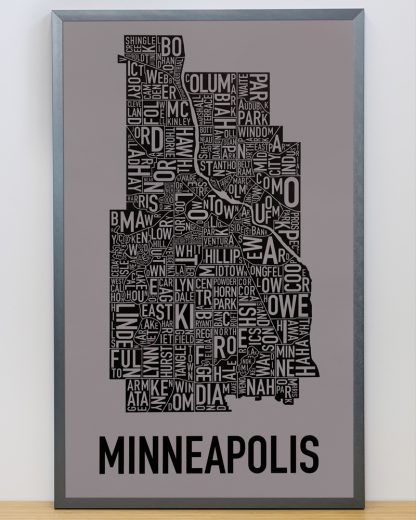Framed Minneapolis Neighborhood Map Screenprint, Grey & Black, 16" x 26" in Steel Grey Frame