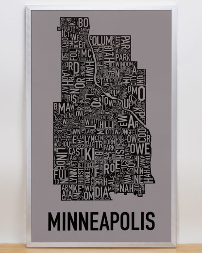 Framed Minneapolis Neighborhood Map Screenprint, Grey & Black, 16" x 26" in Silver Frame