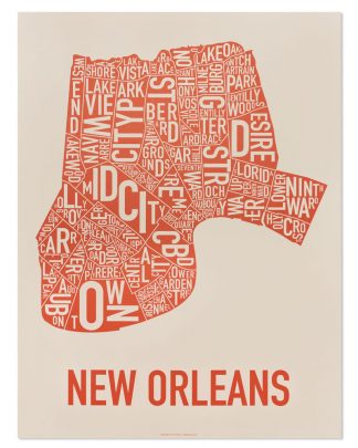 New Orleans Neighborhood Map, Off-White & Orange, 18" x 24"
