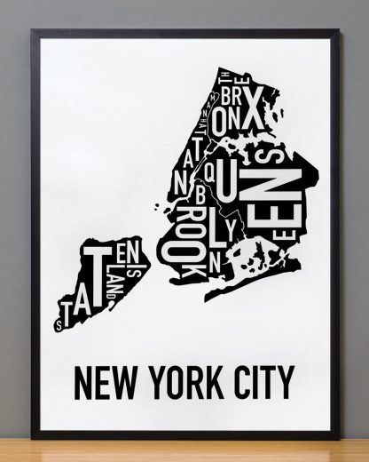 Framed New York City Boroughs Map, Classic B&W, 18" x 24" in Black Frame