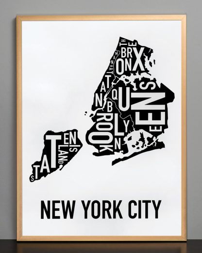 Framed New York City Boroughs Map, Classic B&W, 18" x 24" in Bronze Frame