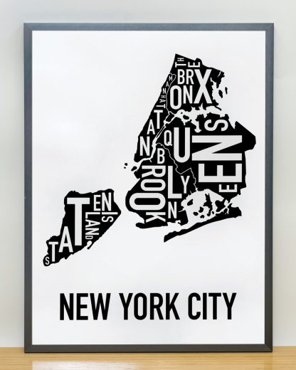 Framed New York City Boroughs Map, Classic B&W, 18" x 24" in Steel Grey Frame