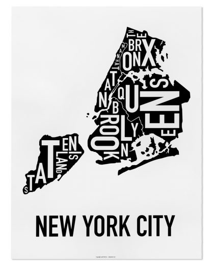 New York City Boroughs Map, Classic B&W, 18" x 24"
