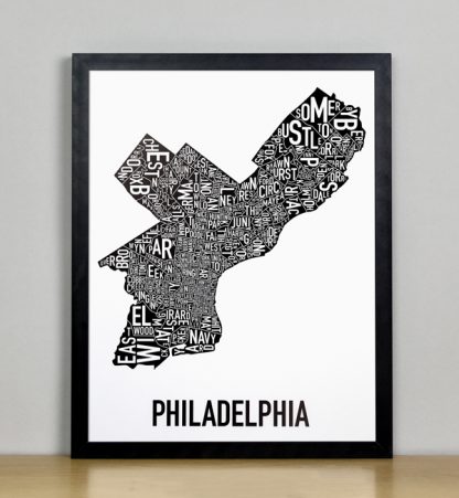 Framed Philadelphia Typographic Neighborhood Map Poster, B&W, 11" x 14" in Black Frame