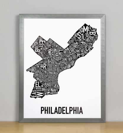 Framed Philadelphia Typographic Neighborhood Map Poster, B&W, 11" x 14" in Steel Grey Frame
