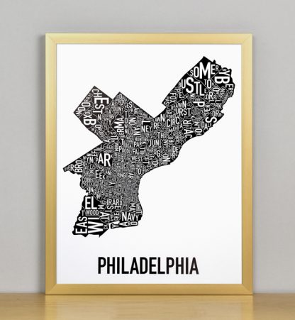 Framed Philadelphia Typographic Neighborhood Map Poster, B&W, 11" x 14" in Bronze Frame