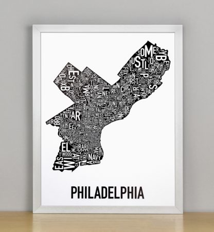 Framed Philadelphia Typographic Neighborhood Map Poster, B&W, 11" x 14" in Silver Frame