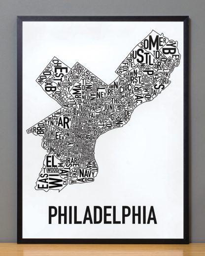 Framed Philadelphia Neighborhood Map Poster, Classic B&W, 18" x 24" in Black Frame