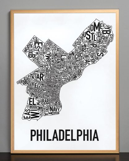 Framed Philadelphia Neighborhood Map Poster, Classic B&W, 18" x 24" in Bronze Frame