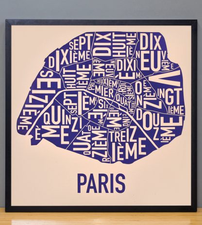 Framed Paris Neighborhood Map Poster, Cream & Indigo, 18" x 18" in Black Frame