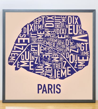 Framed Paris Neighborhood Map Poster, Cream & Indigo, 18" x 18" in Steel Grey Frame