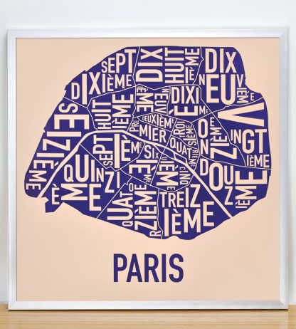 Framed Paris Neighborhood Map Poster, Cream & Indigo, 18" x 18" in Silver Frame