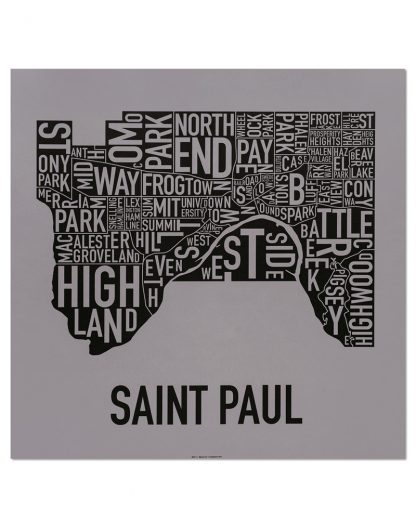 St Paul Neighborhood Map Screenprint, Grey & Black, 20" x 20"